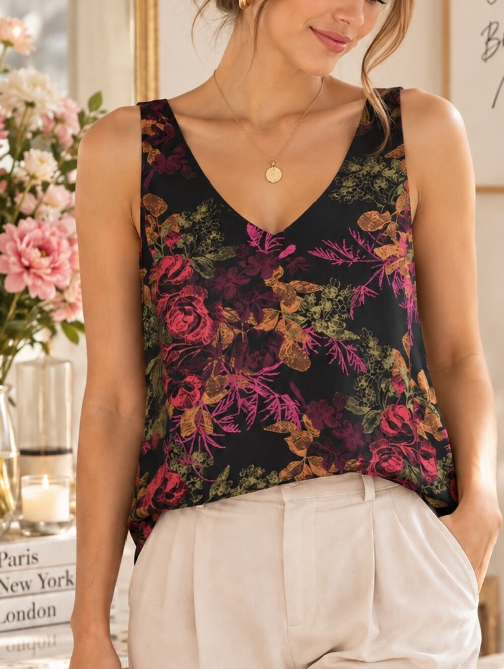 RW&CO Floral V-Neck Lined Camisole Tank Top Size Small